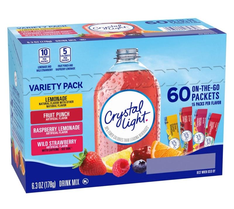 Crystal Light Variety Pack Drink Mix - 60 Packets of Beverage Mixed Powder with Lemonade Fruit Punch Raspberry Lemonade Wild Strawberry Flavor Powdered Orange