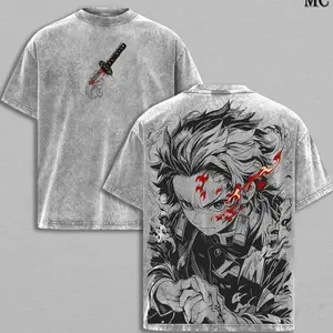Tanjiro Tee - Demon Slayer Kimetsu no Yaiba T-Shirt Acid Wash Vintage Oversize Unisex Heavy Cotton Menswear Top Anime Manga Graphic Tee Washed Double Printed Retro Streetwear, Tanjiro Kamado Movie 2025 9BQ