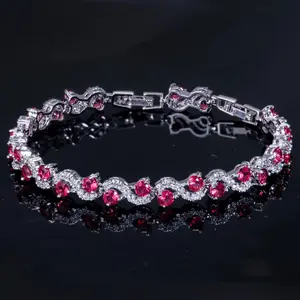 A60  Luxury Ruby Red Wave Pavé Bracelet | Silver Geometric Crystal Link Jewelry