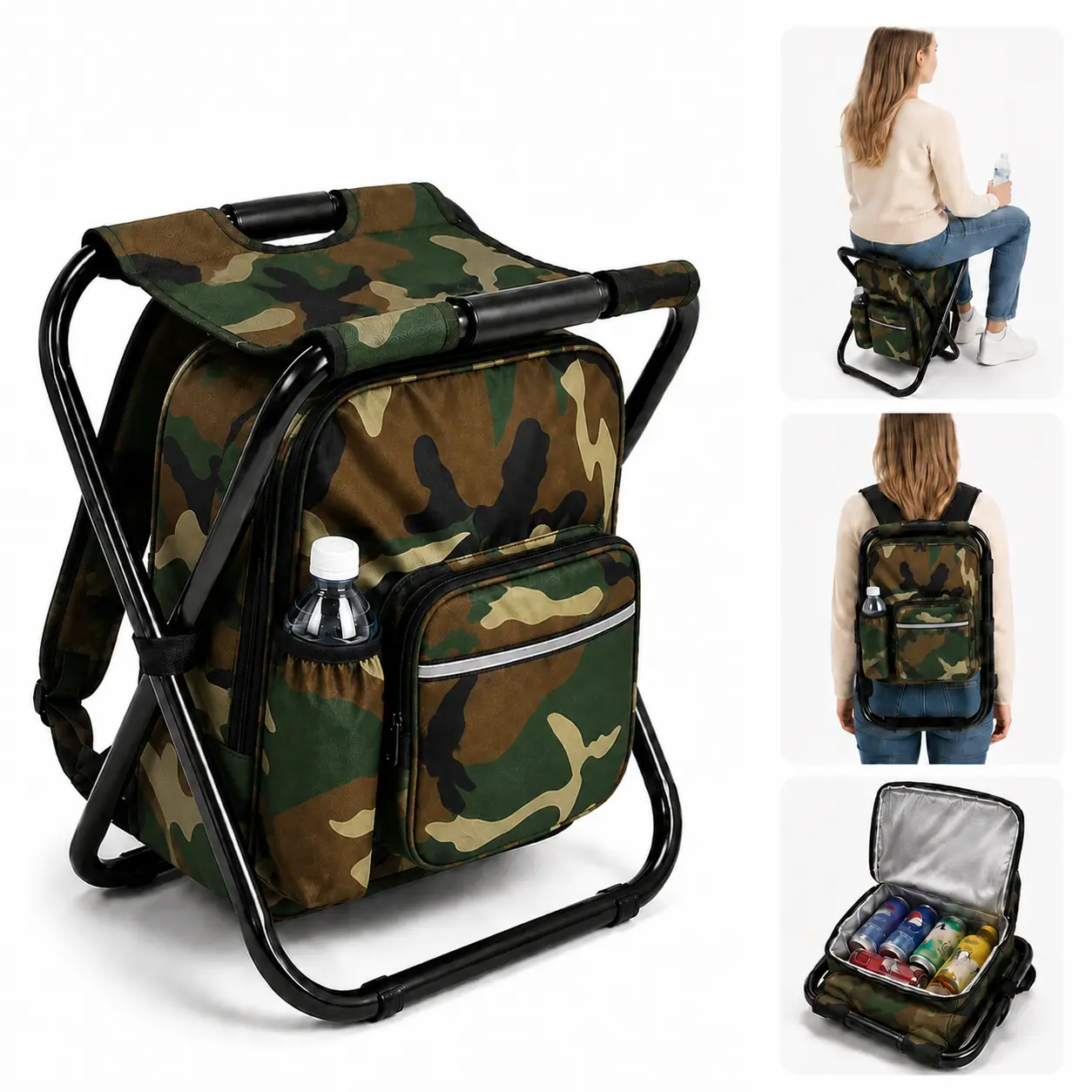 Wstrnix 3-in-1 Camouflage Folding Backpack Stool with Insulated Cooler Bag, Portable Collapsible Hunting Blind Chair Bag for Hiking, Light Outdoor Activities, Hunting Blind Chair Bags