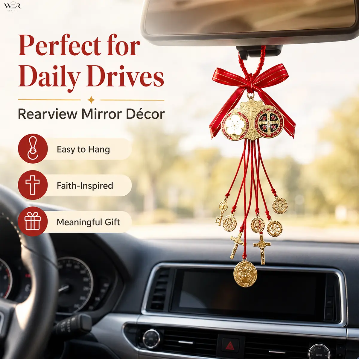 Feminine Saint Benedict Car Mirror Charm, 35cm Gold-Tone Religious Hanging Cross Accessory for Women & Girls, Catholic Symbol Charms & Pendants