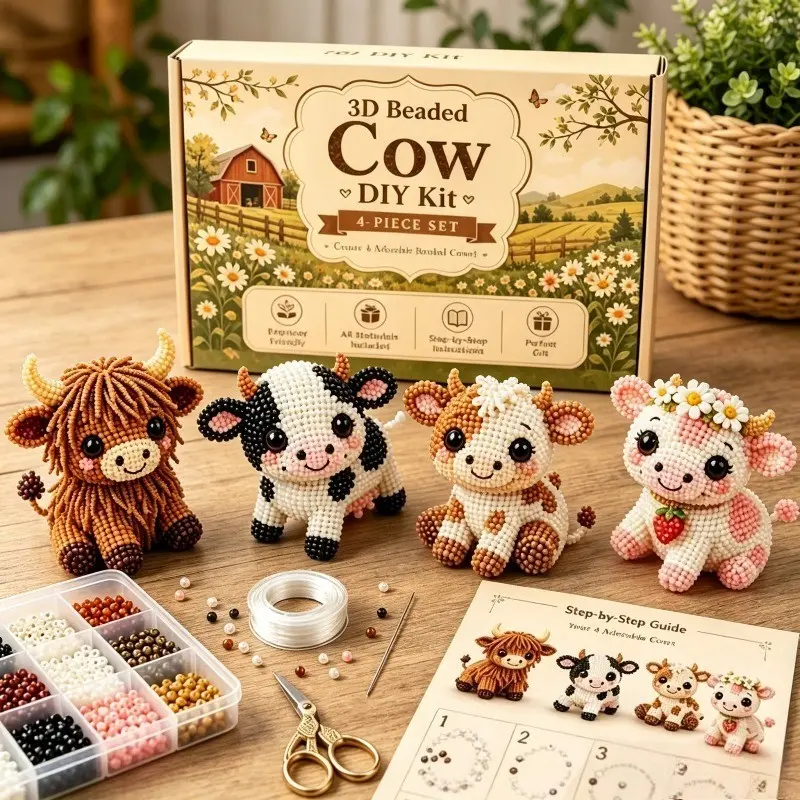3D Beaded Cute Cows Kit - 4 Cute Cows, Step-By-Step Instructions | Complete Set with Beads, Tools & Materials | Fun, Relaxing Craft Gift for Adults & Teens
