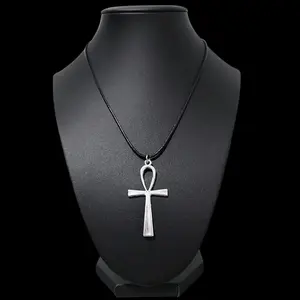 18" Silver Ankh  Pendant Necklace - Black Cord