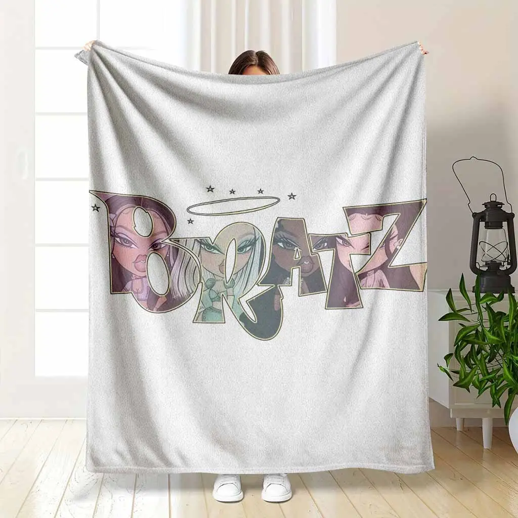 Bratz Fashion Girl Icons Y2K Nostalgia Fan Gift — Lightweight Summer AC Blanket Retro Cartoon Letter Art Thin Breathable Flannel Throw for AC Room Soft Cozy Sofa Bed Decor Gift Use