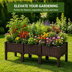 47 Inch Vintage Elevated Raised Garden Bed, Wicker-Look Sturdy Outdoor Planter Box with Drainage Hole, Easy Assembly Raised Planter for Backyard Patio Balcony, Ideal for Vegetables Herbs Flowers Growing