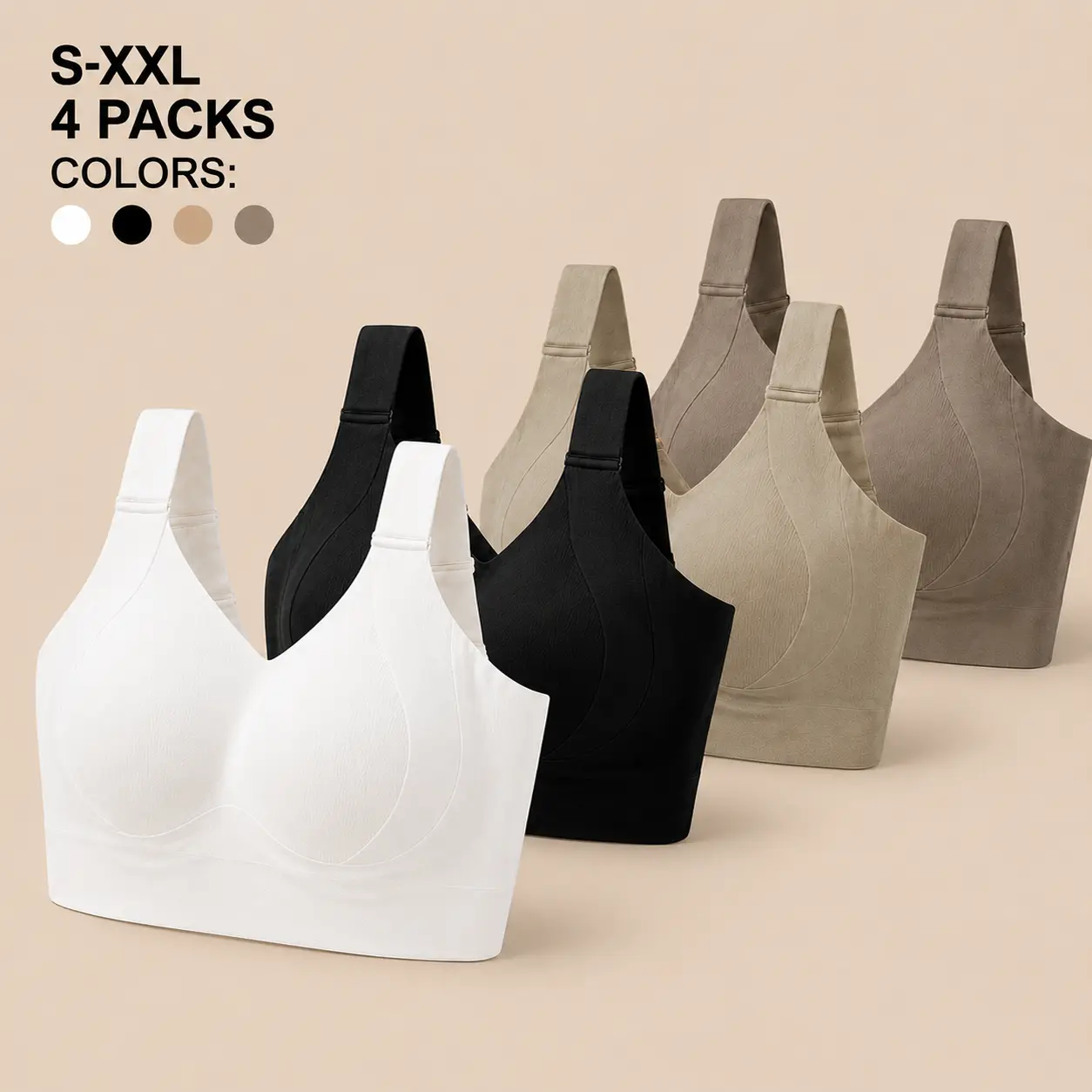 Women's 4pcs Wire-Free Basic Seamless Balconette Bras - Fixed Cups, Wide Straps, Soft Support, Side Breast Coverage, Minimalist Invisible Everyday Lingerie, Ideal Gift, U-Cup Jelly Bras, Strapless Design, V-Neck Undergarment