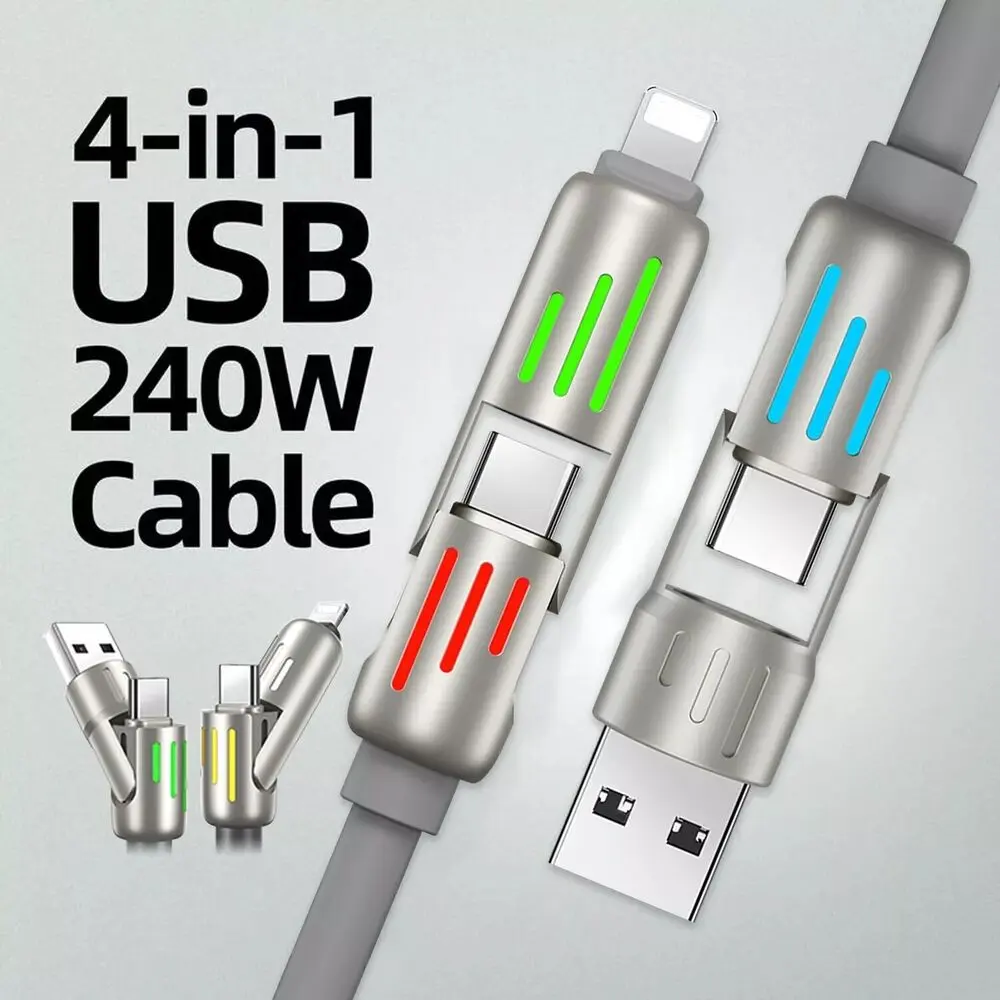 1PCS 240W Fast 4-in-1 Silicone Type-C Cable Charger Set – Data Sync Cord & Charging, Office Desk Organizer Accessory, Tangle-Free Durable Design, Compatible with Most Devices, Essential Everyday Charging Solution for Home, Office & Travel