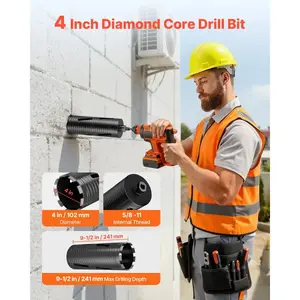 VEVOR Core Drill Bit, 4 inch Diameter, 9-1/2 inch Drilling Depth, 5/8-11 Internal Thread, Diamond Dry Coring Bit with 3 Adapters, Pilot Drill and Hex Wrench, for Concrete, Red Bricks, and Masonry