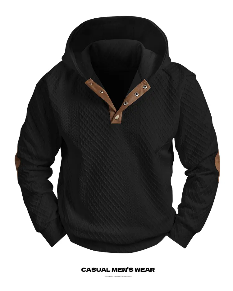 Men’s casual pullover hoodie sweatshirt with long sleeves, men’s hooded pullover sweatshirt, textured long-sleeve casual top with faux leather details, retro outdoor street style, suitable for everyday wear