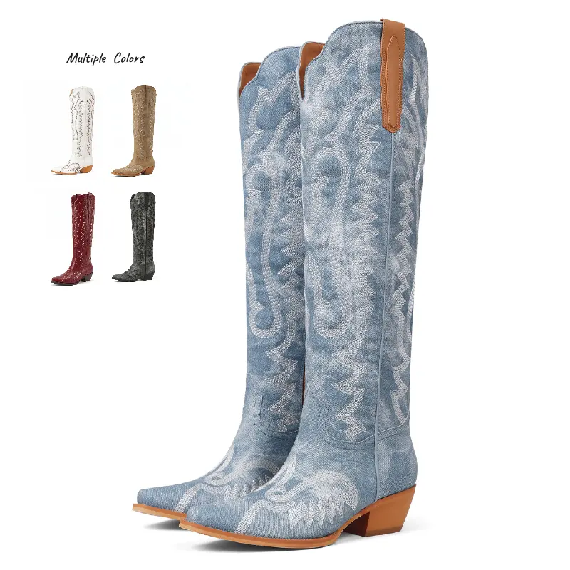 【FallPick】Trendy Coastal Cowgirl Western Boots Vintage Denim Embroidery Chunky Heel All Day Comfort For Summer Daily Wear