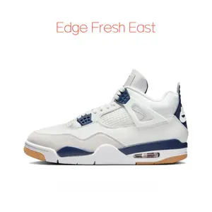 White and Blue Full-Grain Leather Mesh Panel Mid-Top Retro Basketball Shoes