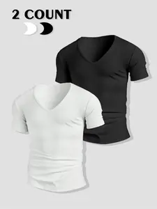 Men's Solid Color V Neck Short Sleeve Tee, Regular Fit Casual Comfy T-shirt for Summer, Men's Top for Daily Wear, Menswear