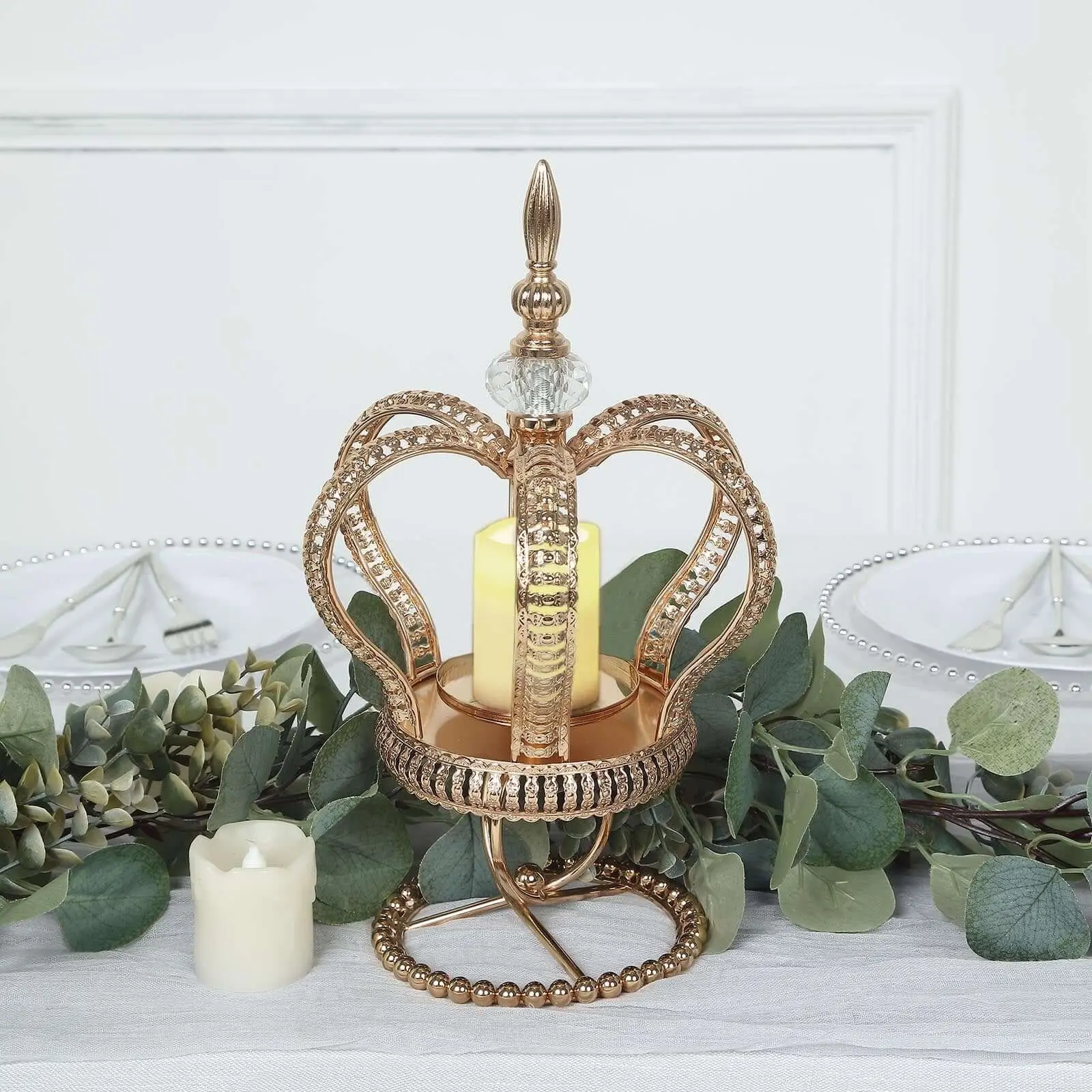 13" Gold Metal Crown Spiral Pillar Candle Holder Stand - Jeweled Votive Centerpiece, Gold House Decor for Mothers Day & Anniversary, Tea Light Candlestick Holder, Candle Holders For Candlesticks, Tea Light Candles Holder