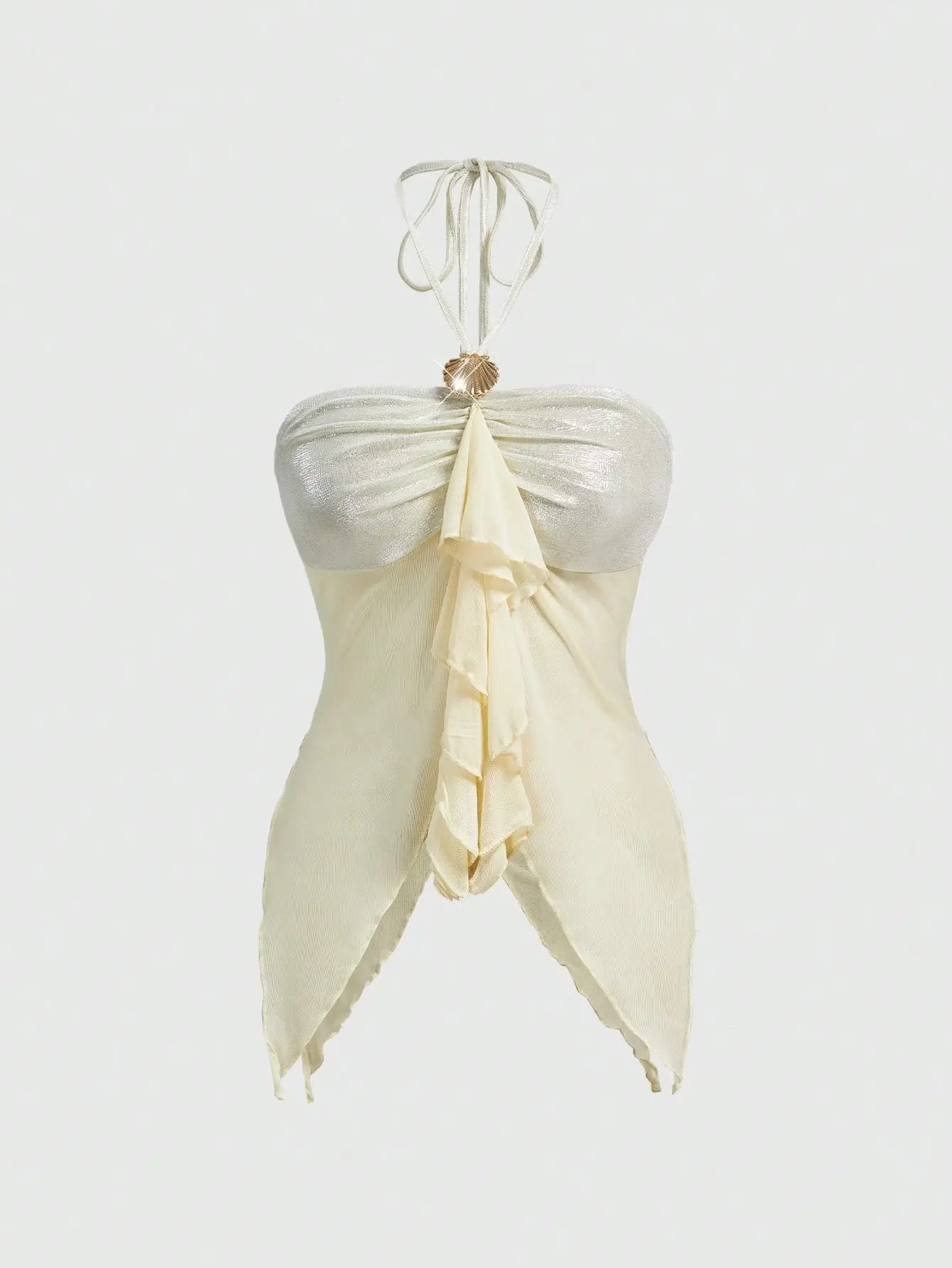 SM&Co. Fairycore Spaghetti Strap Camisole Seashell Print Asymmetrical Hem Y2K Aesthetic Casual Tank Top