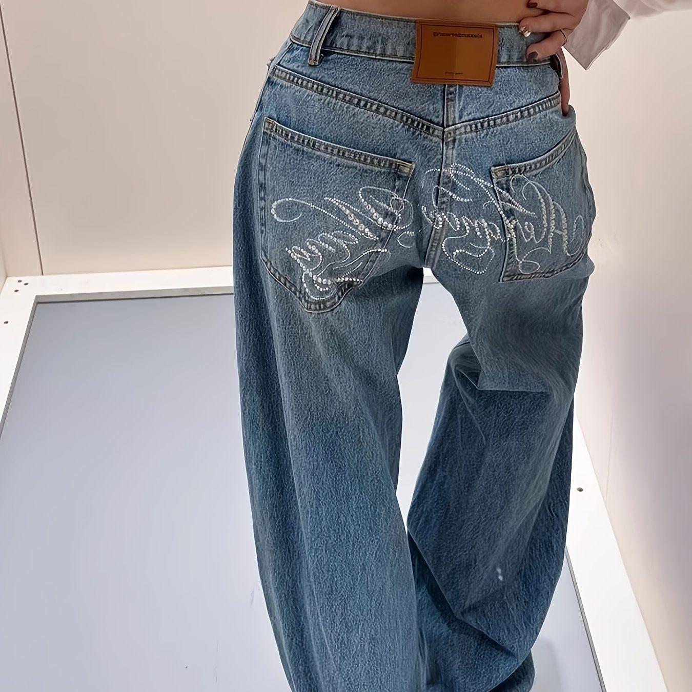 Vintage Light Wash High Waisted Baggy Jeans, Y2K Rhinestone Embroidered Wide Leg Denim Pants, Retro 90s Streetwear, Loose Fit Casual Trousers for Women