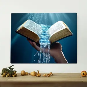 Framed Bible Mural - A religious painting featuring a hand holding a Bible and flowing water. Appropriately sized with a wooden frame, suitable for living room, office, and church decoration.