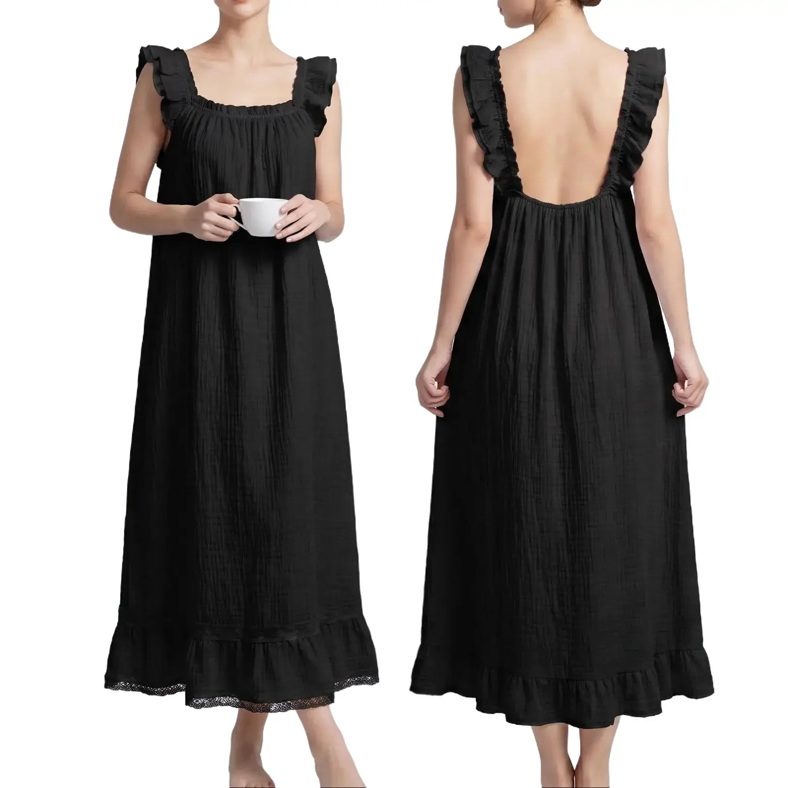 Women Black Ruffle Sleeveless Long Nightgown, Square Open Back Maxi Sleep Dress, Soft Crinkle Cotton Loose Casual Home Loungewear Night Dress