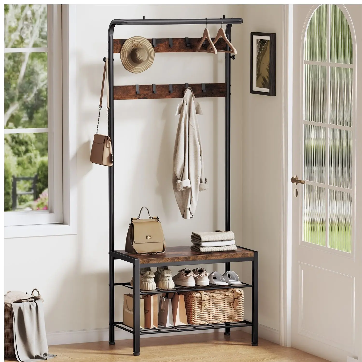 Entryway Bench with Coat Rack, Hall Tree Organizer with Shoe Storage, 9 Removable Hooks & Top Hanging Rod, Rustic Brown / Gray