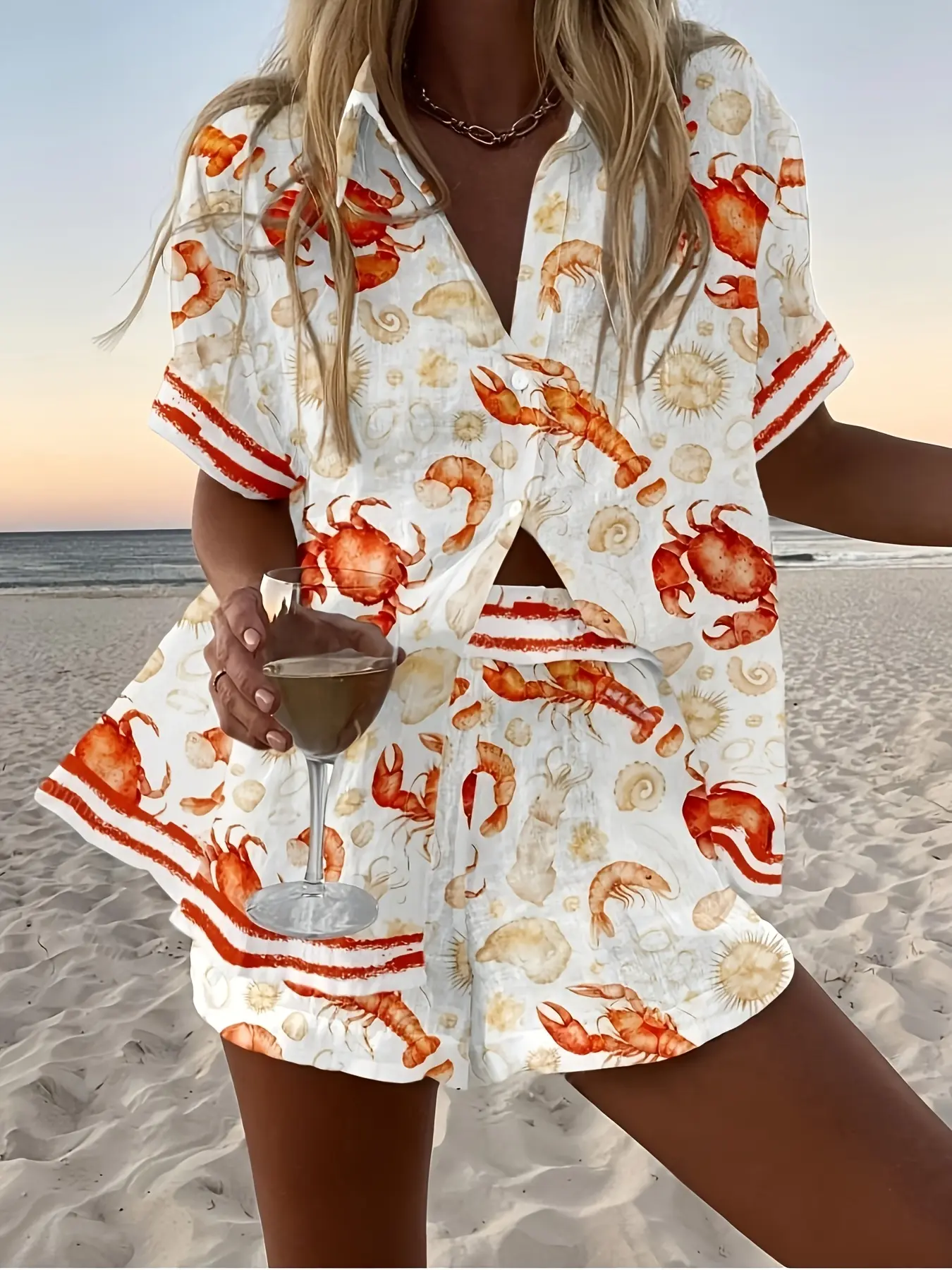 Women's Fashion Lady Fitted Casual Elegant Party Commute Street Beach Vacation Crayfish Crab Fish Print Shirt Shorts 2pcs Set