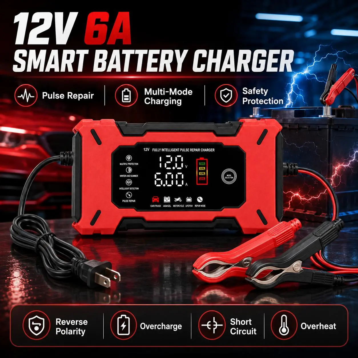 12V 6A Smart Car Battery Charger, Intelligent Pulse Repair Battery Maintainer with Dual Digital Display, Multi-Mode Fast Trickle Charger for Motorcycle, AGM, LiFePO4 & Lead-Acid Batteries