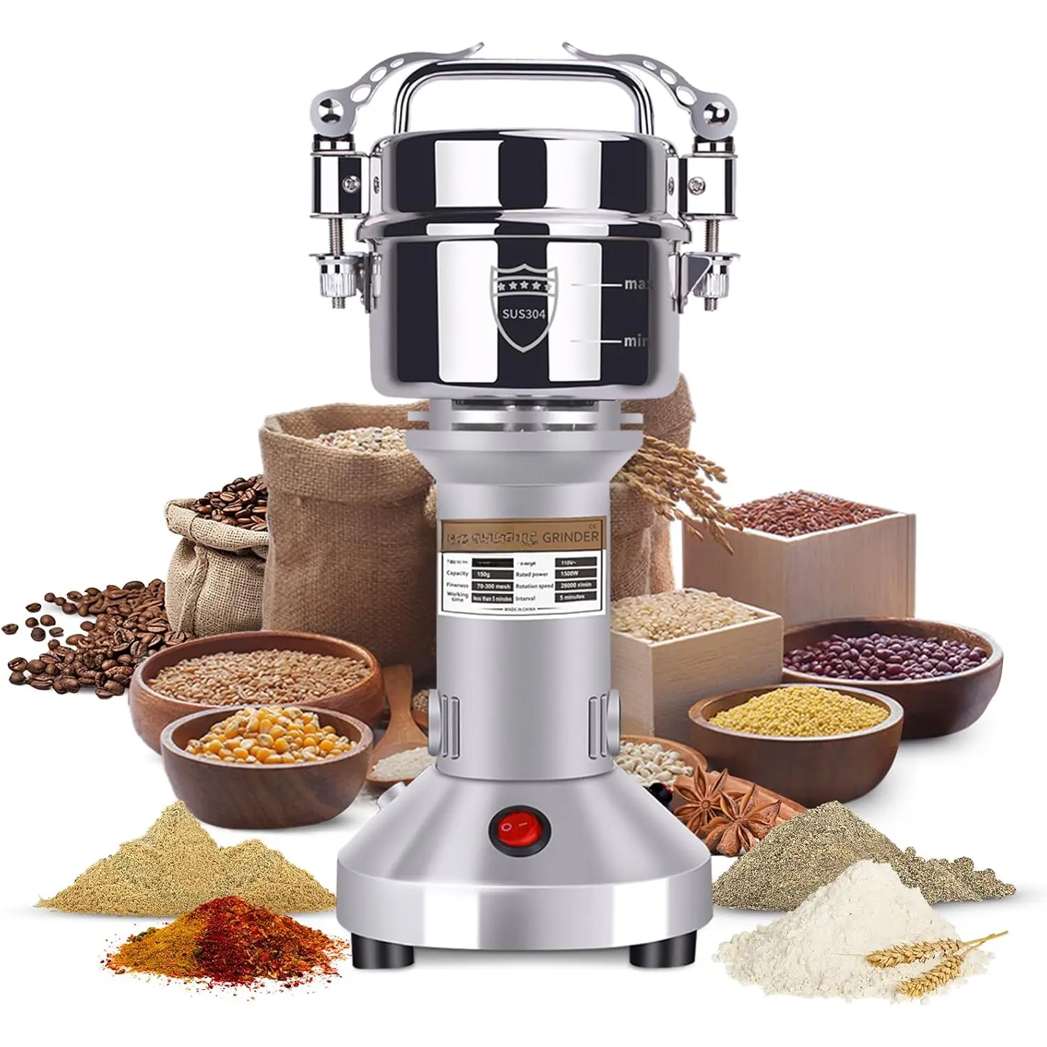 150g Stand-Type Electric Grain Mill - 1500W Stainless Steel High-Speed Pulverizer, Rice Milling Machine for Dry Wheat, Oats, Corn