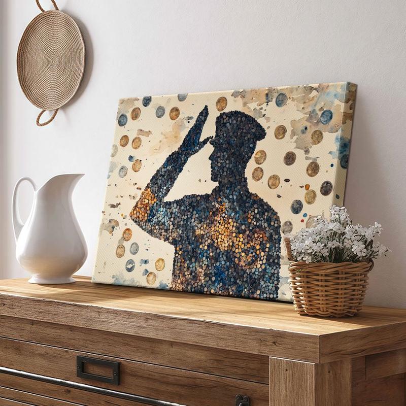 watercolor mosaic composed entirely of tiny painted military medals that form a larger image of a saluting silhouette when viewed from a distance, Wrapped Framed Canvas Wall Art, Vintage Prints Poster - Framed, Horizontal Decor Wood