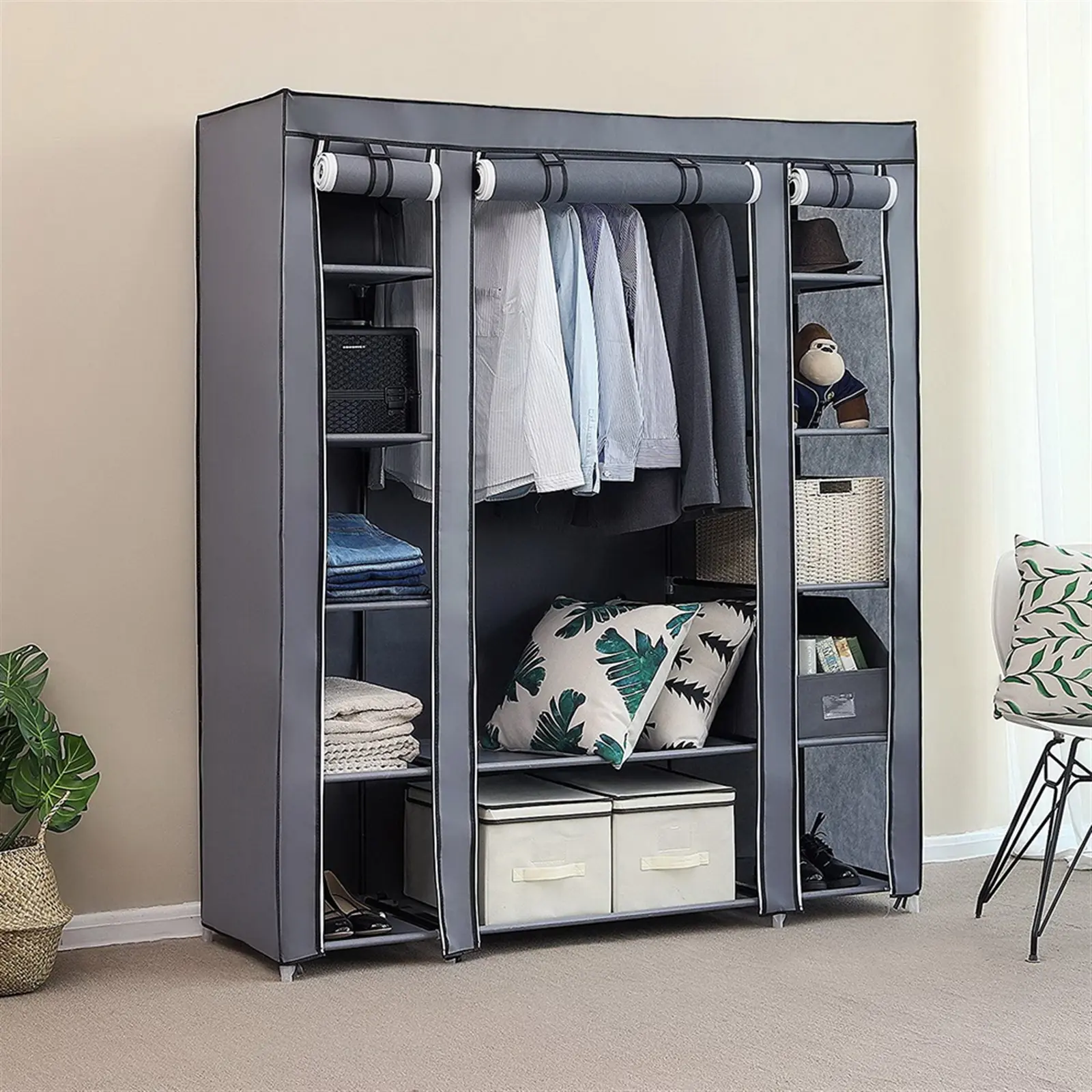 69" Heavy-Duty Portable Armoire Wardrobe Cabinet - Clothes Organizer Cabinet, Stand Alone Standing Closet with 12 Shelves, Dustproof Cover, No-Tools Assembly for Bedroom, Walk-In Closet Use