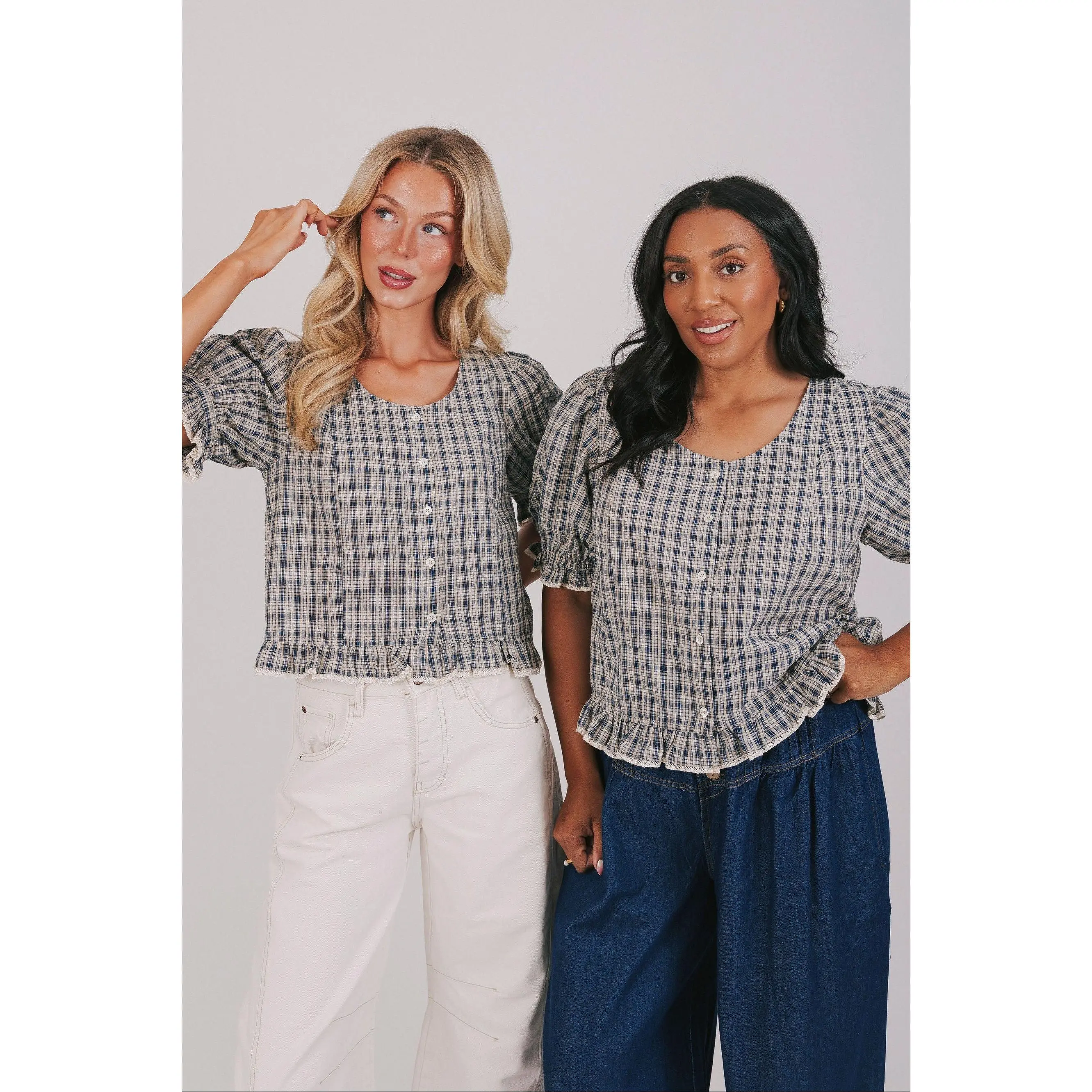 Women's 100% Cotton Plaid Blouse - Plus Size 2X Tops, Casual Round Neck, Short Puff Sleeves, Ruffled Lacy Trim, Button Front Frill, Checkered Shirts