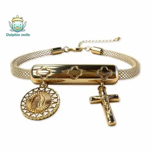Women's gold filigree bracelet, 18K gold plated exquisite circular, cross-shaped bracelet, Virgin Mary fashion bracelet, women's jewelry gift set Virgen de Guadalupe Bracelet  San Judas Tadeo Women Bracelet Cross Bracelet