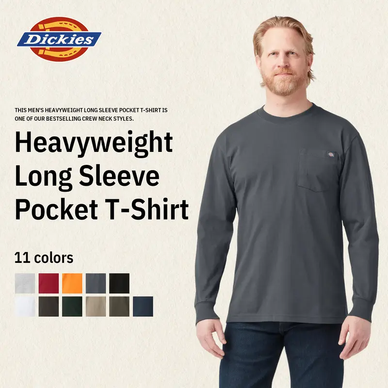 Dickies | Heavyweight Long Sleeve Pocket T-Shirt,100% Cotton,Long Tail,Tagless Label,Classic Crew Neck,Chest Pocket,Workwear Style