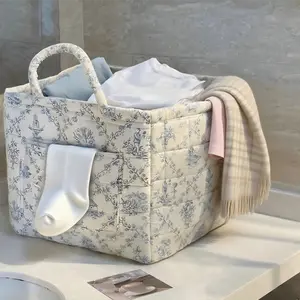 Boho Fabric Car Storage Basket,Versatile Collapsible Laundry Hamper with Handles, Foldable Floral Organizer for Clothes Toys Books, Multi-Purpose Fabric Storage Bin for Nursery Closet Car, Space Saving Home Decor Basket,easter basket quilted