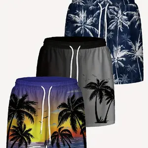 3D Digital Print Pattern of Gradient Coconut Trees, Casual Everyday Vacation Shorts with a Single Layer And No Lining, Featuring Drawstring And Quick-Dry Fabric (3 Shorts Per Order)