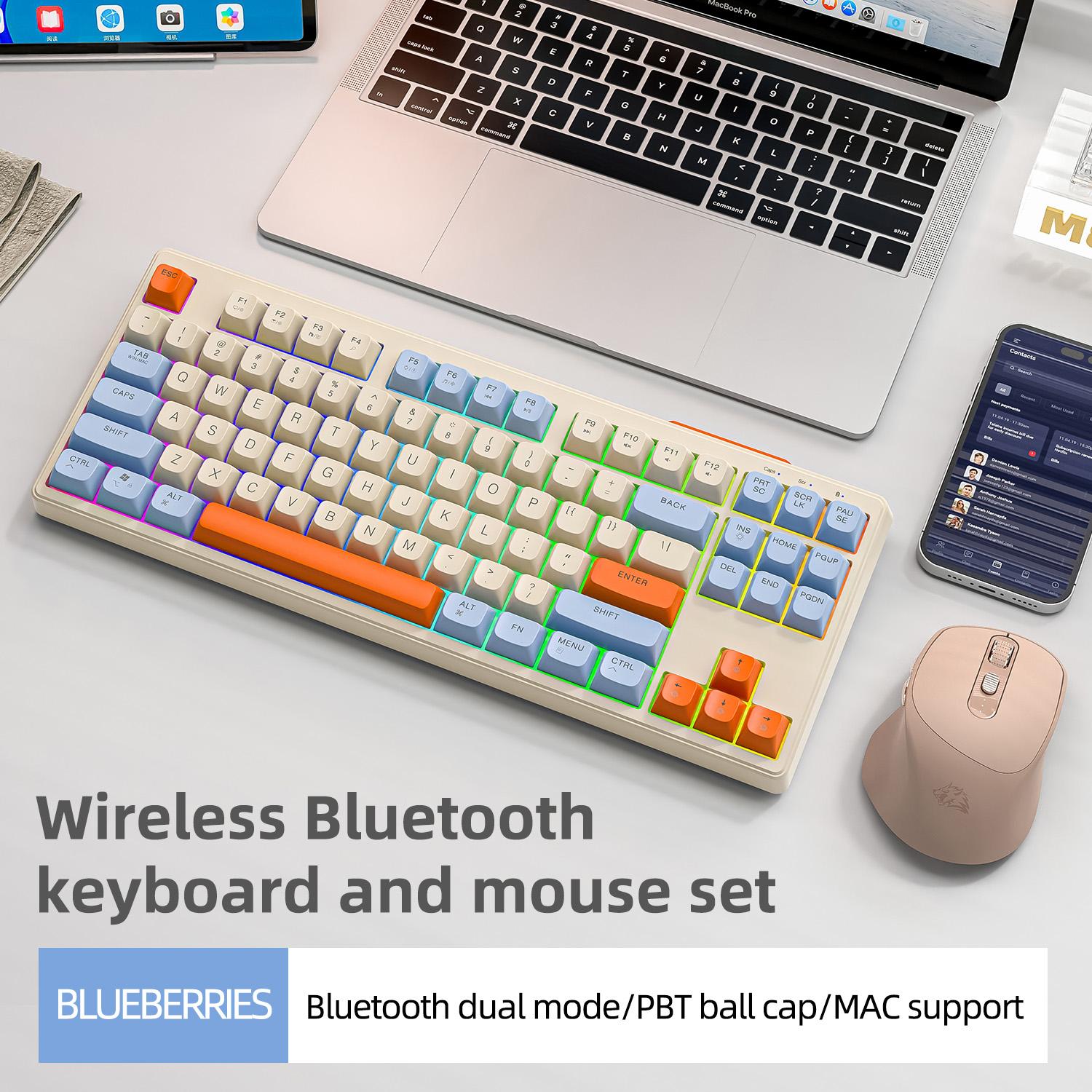 Wireless Bluetooth Keyboard & Mouse Combo – 87 Keys Mini RGB Backlit, Silent Click, Rechargeable, Dual Mode for Laptop, PC & Tablet