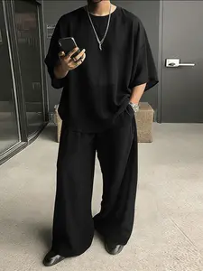 INCERUN Men's Round Neck Short Sleeve Top Long Pants Transparent Solid Color Two-Piece Set, Suits, Casual Summer, Comfortable and Stylish