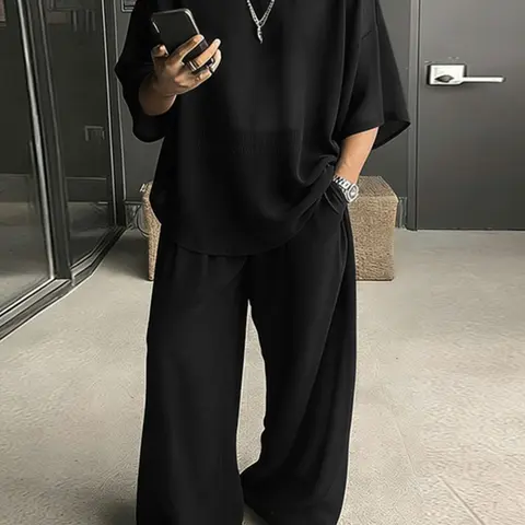 INCERUN Men's Round Neck Short Sleeve Oversized Loose Top & Long High Waist Pants, Comfortable and Stylish Solid Color Two-Piece Set, Casual Summer Wear