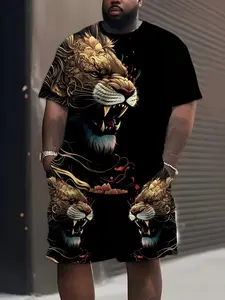 Men's 3D Digital Print Short Sleeve Shorts Set, Menswear, Large Size Casual Sportswear, Modern Loose-Fitting Summer