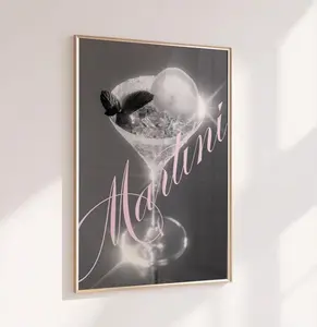 Martini Glass Print Retro Cocktail Poster, Artistic Graphic Photo, Pink Black and White Home Decor for Kitchen, Bar Cart, Room Decoration, Trendy Modern Aesthetic Wall Art