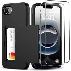 Wallet Case with Card Holder & 2 Tempered Glass Screen Protector, Shockproof Protection Hidden Card Slot Slim Case, Phone Accessories for iPhone 16, Cover