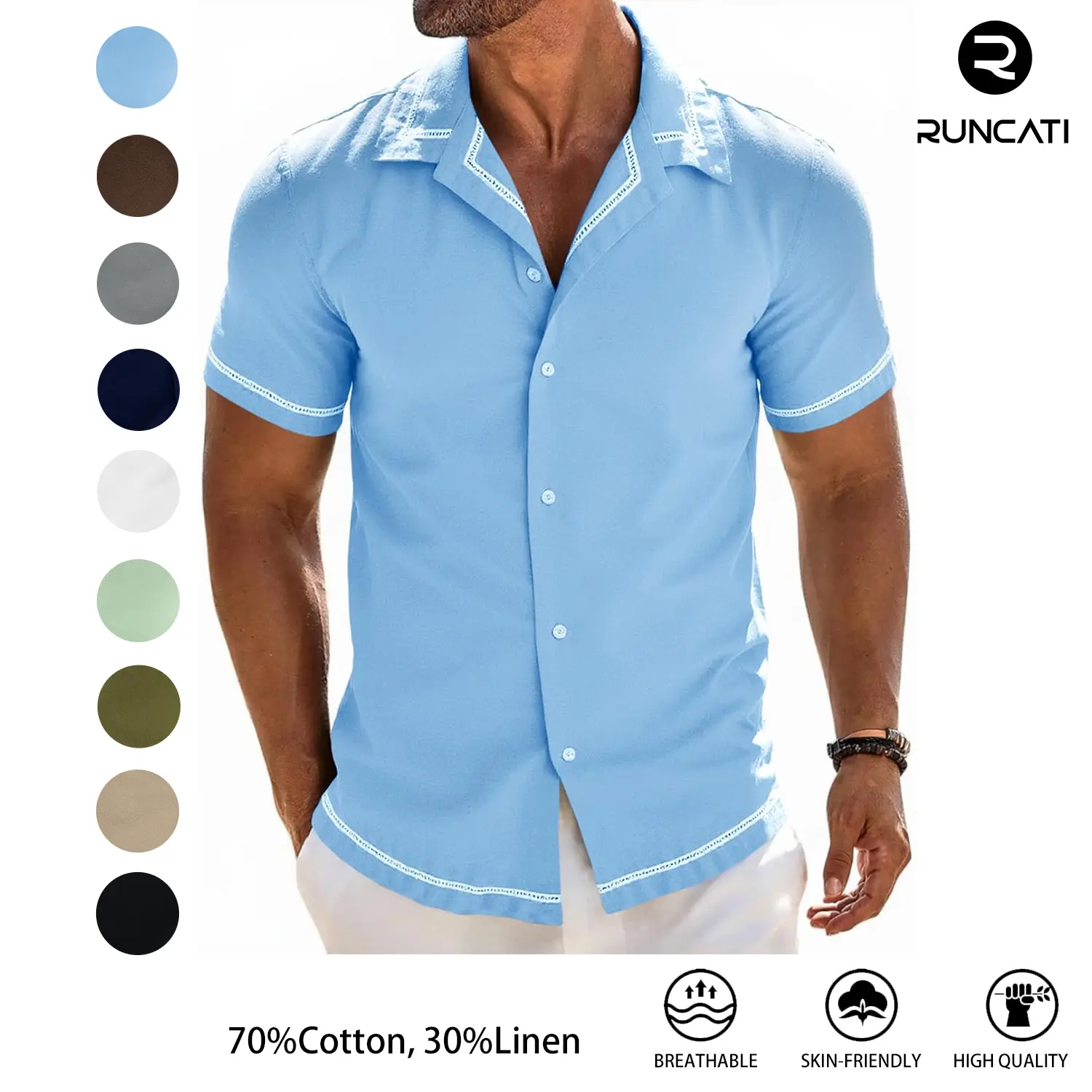 Runcati Mens Short Sleeve Shirt Button Down Casual Cuban Linen Shirts Summer Beach Vacation Tops