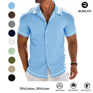 Runcati Mens Short Sleeve Shirt Button Down Casual Cuban Linen Shirts Summer Beach Vacation Tops