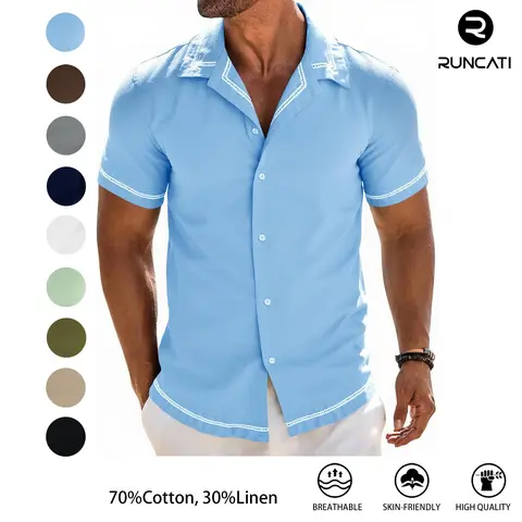 Runcati Mens Short Sleeve Shirt Button Down Casual Cuban Linen Shirts Summer Beach Vacation Tops