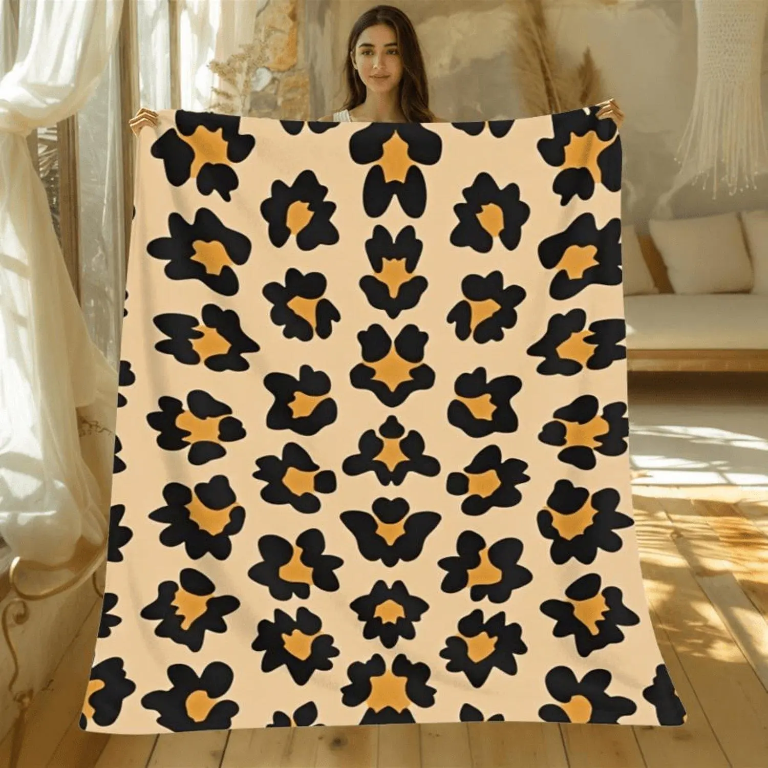 1pc Cooling Blanket Soft Flannel Plush Throw with Bold Leopard Print Pattern on Beige Background, Cozy High-Contrast Spot Design for Home Decor, Large Fluffy Comfortable 280GM Perfect as Home Decoration & Holiday Gift Choice.