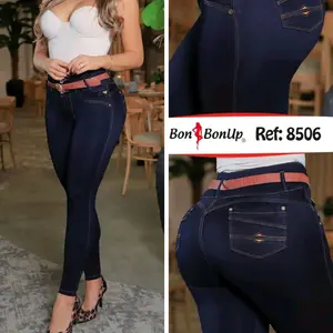 Bon BonUp Women's High-Waisted Skinny Jeans Ref: 8506 - Dark Blue Denim with Belted Detail