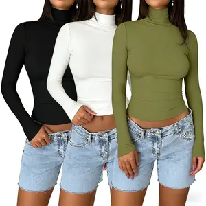 3 Pack Crewneck & Turtleneck Dual Styles Women's Long Sleeve Slim Fit Crop Tops, Y2K Korean Fashion Basics, Versatile Layering Tees for Casual Daily Looks