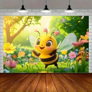 Modern Farmhouse Party Banner 1pc Cute Little Bee Background Decoration Photo Props Amber Glow Polyester Banner Home Room Wall Decor Party Supplies Ornaments