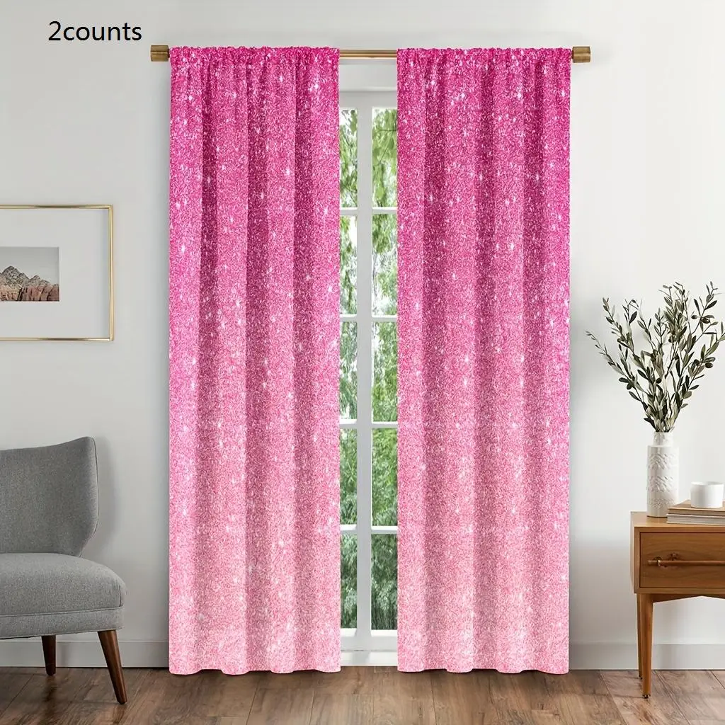 Pink Star Print Curtain, 2 Counts/set Glitter Rod Pocket Curtain, Colorful Fabric Curtain for Girl Room Bedroom Decor, Home Decor Supplies