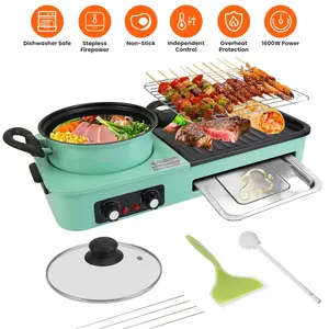 3-in-1 Electric Hot Pot with Grill & Fry Pan - 1600W Fast Even Heating, Independent Dual Temp Control, Non-Stick Smokeless, Detachable Dishwasher Safe for 3-5 People Multifunctional Cooker Steamboat Pan