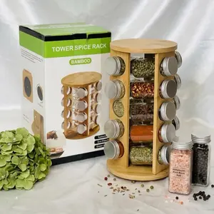 New England Stories Revolving Spice Rack Set with 12 Spice Jars, Kitchen Spice Tower Organizer for Countertop or Cabinet