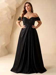 Elegant Party Dress with Sequins, Strapless Glittering Evening Gown, Velvet Pleated Split Hem, Luxurious Banquet Attire
