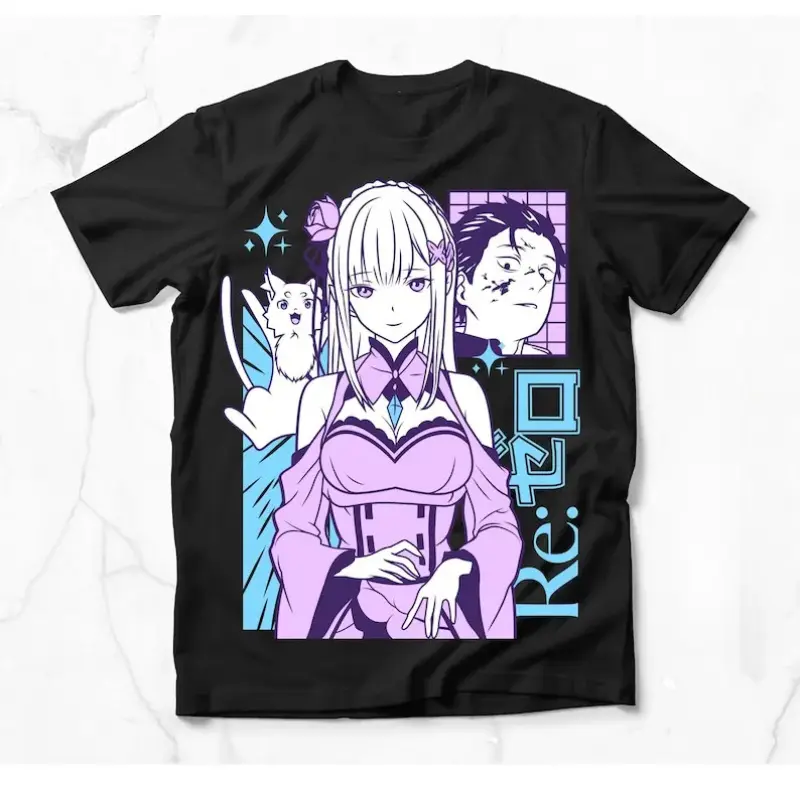Re:Zero Emilia Subaru Puck Anime Graphic T-Shirt, Retro Manga Panel Print, Unisex Cotton Short Sleeve, Casual Streetwear Tee, Harajuku Style